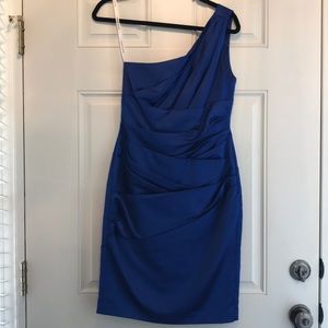 David's Bridal Blue Ruched One Shoulder Dress Sz 6